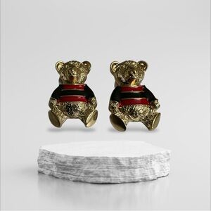 Teddy Bear Earrings Pierced Gold tone with black & red accent colors NWOT